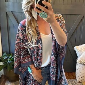 New Boho Lightweight Blue Cardigan Kimono Top Fringe Hem Cotton Beach Denim